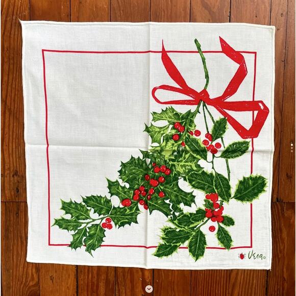 Vintage Vera Neumann Linen Napkin Christmas Holly Rolled Hem Ladybug Logo Set 5 - Picture 2 of 3